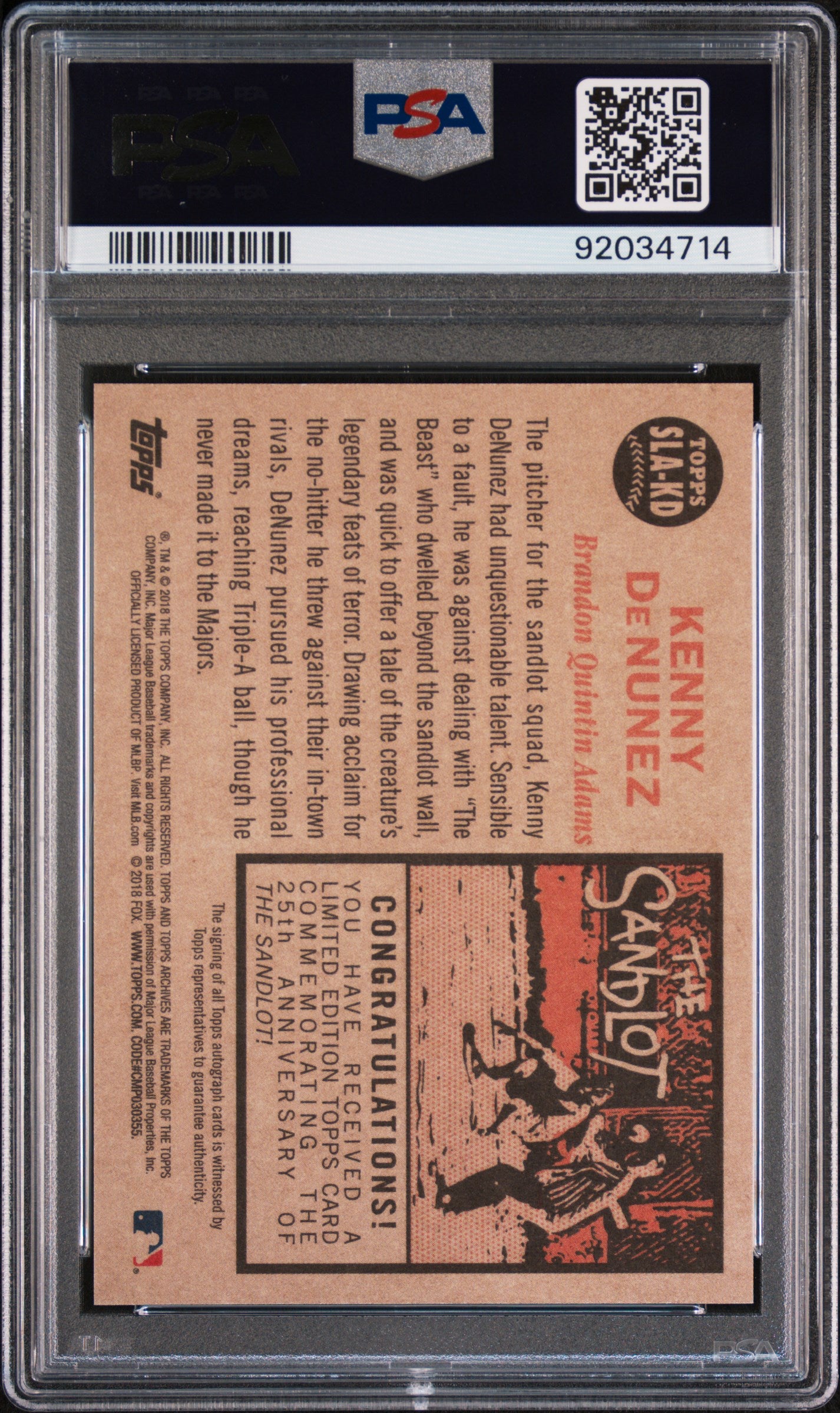 2018 Topps Archives The Sandlot Brandon Quintin Adams #KD Autograph PSA 9