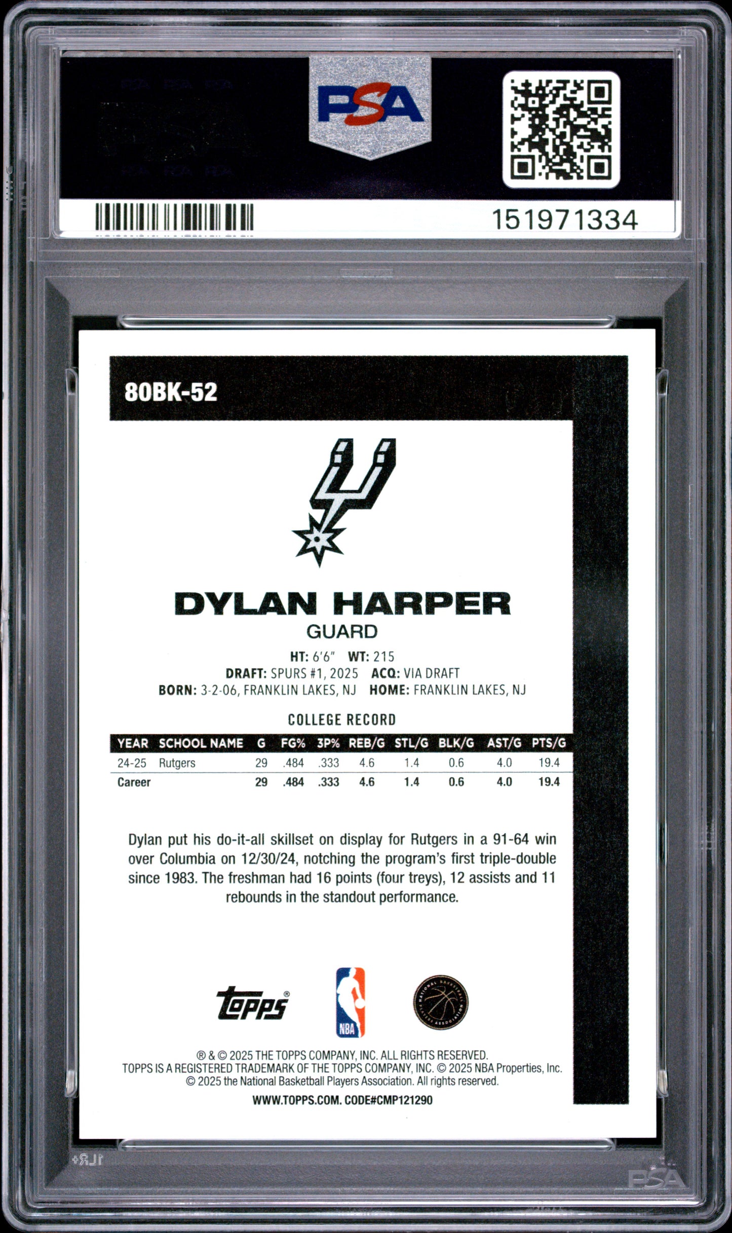 2025-26 Topps 1980 Basketball Dylan Harper Gold #/50 PSA 9 POP 1 HIghest Grade
