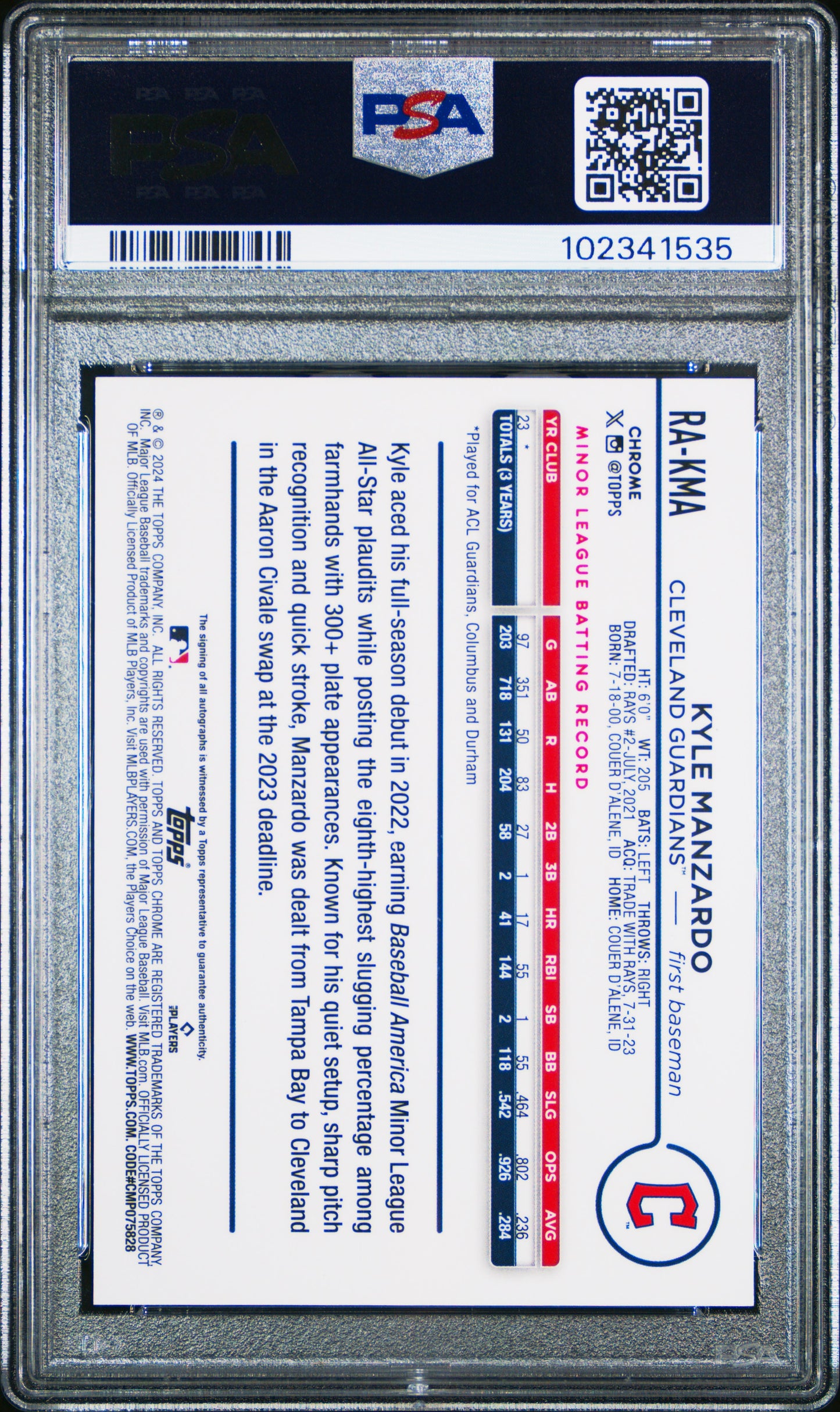 2024 Topps Chrome Update Chrome AUTO Kyle Manzardo #21/299 Purple Speckle PSA 10