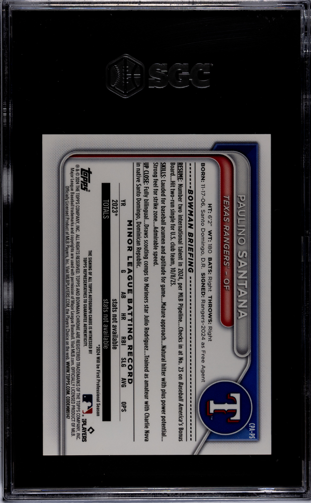 2024 Bowman Chrome Paulino Santana Pros. Autograph Blue Refractor SGC 9 /150