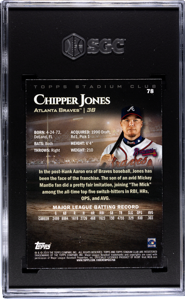 2019 Topps Stadium Club Chipper Jones #78 First Day Issue SGC 8.5 POP 1