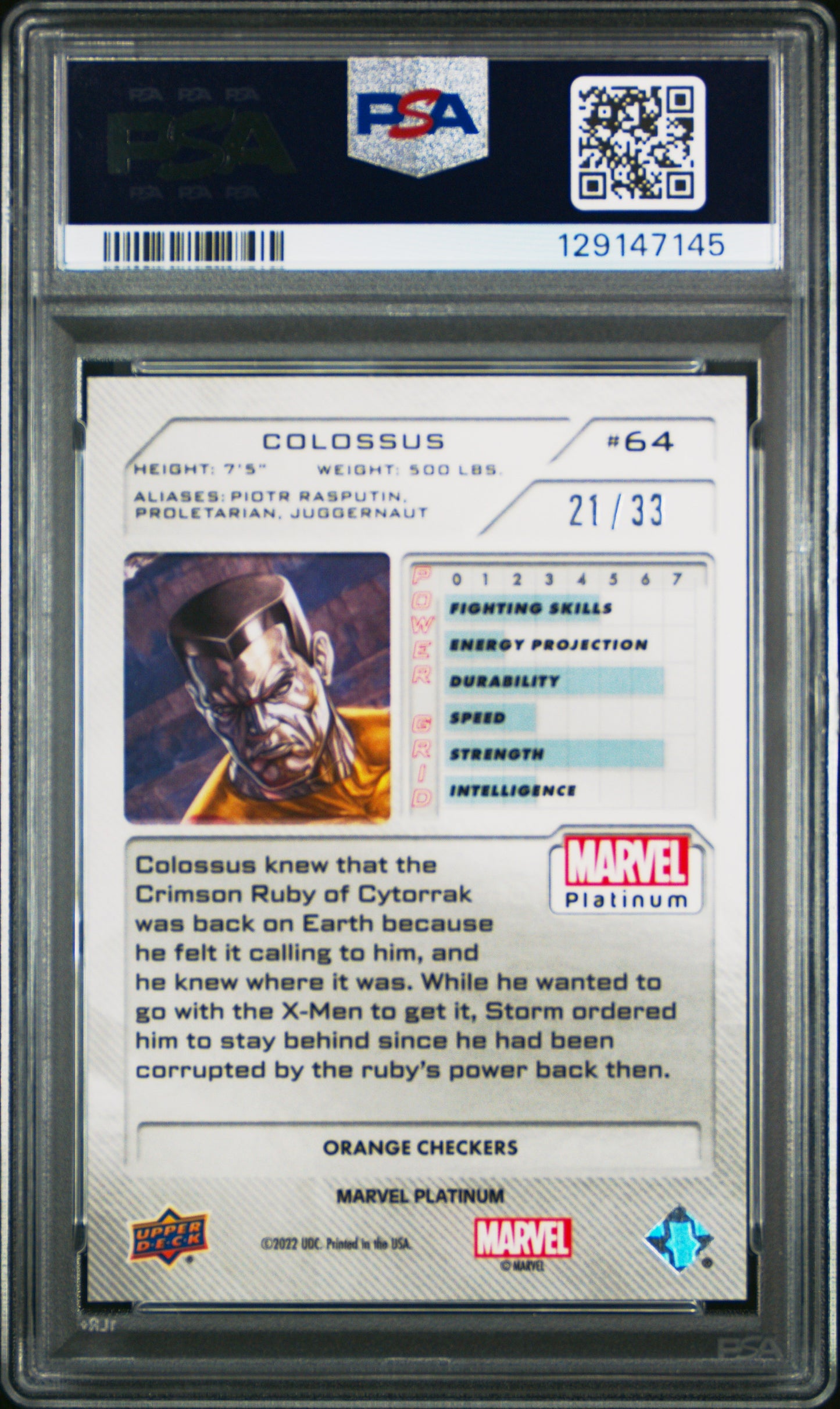 Colossus 2023 Upper Deck Marvel Platinum Orange Checkers #21/33 PSA 9 POP 1