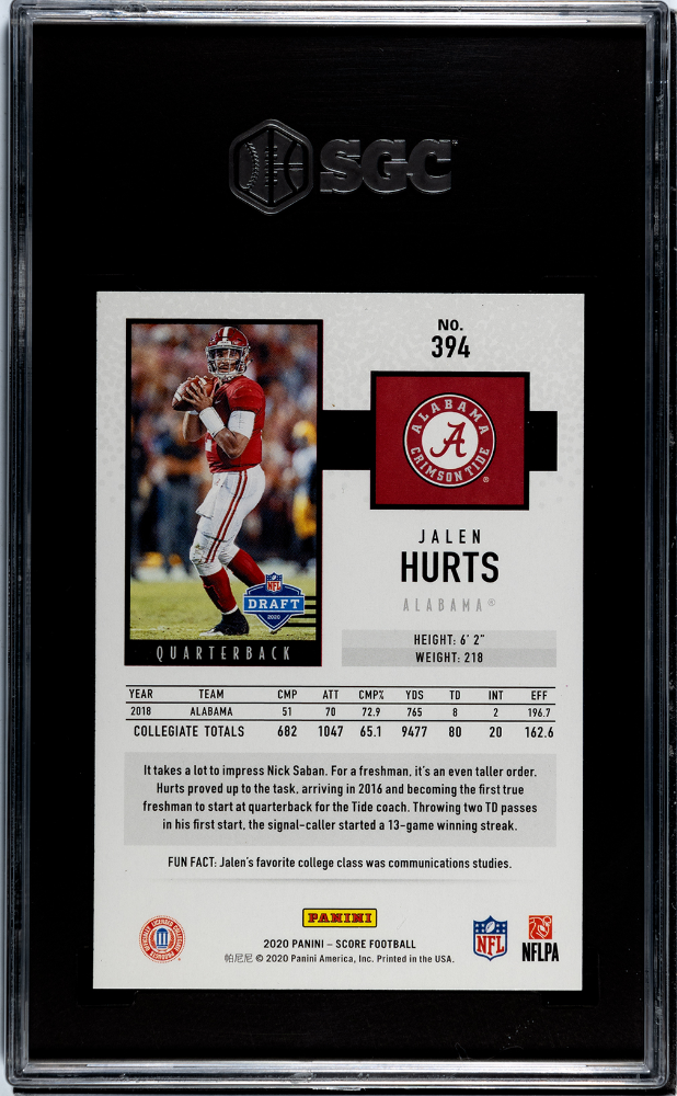 2020 Panini Score Jalen Hurts #394 Gold SGC 10 POP 5