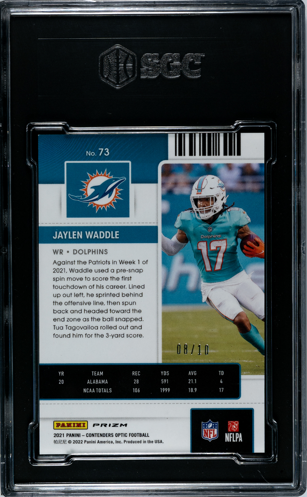 Jaylen Waddle Contenders Optic Rookie Ticket Gold Prizm 8/10 SGC 10 Pop 1