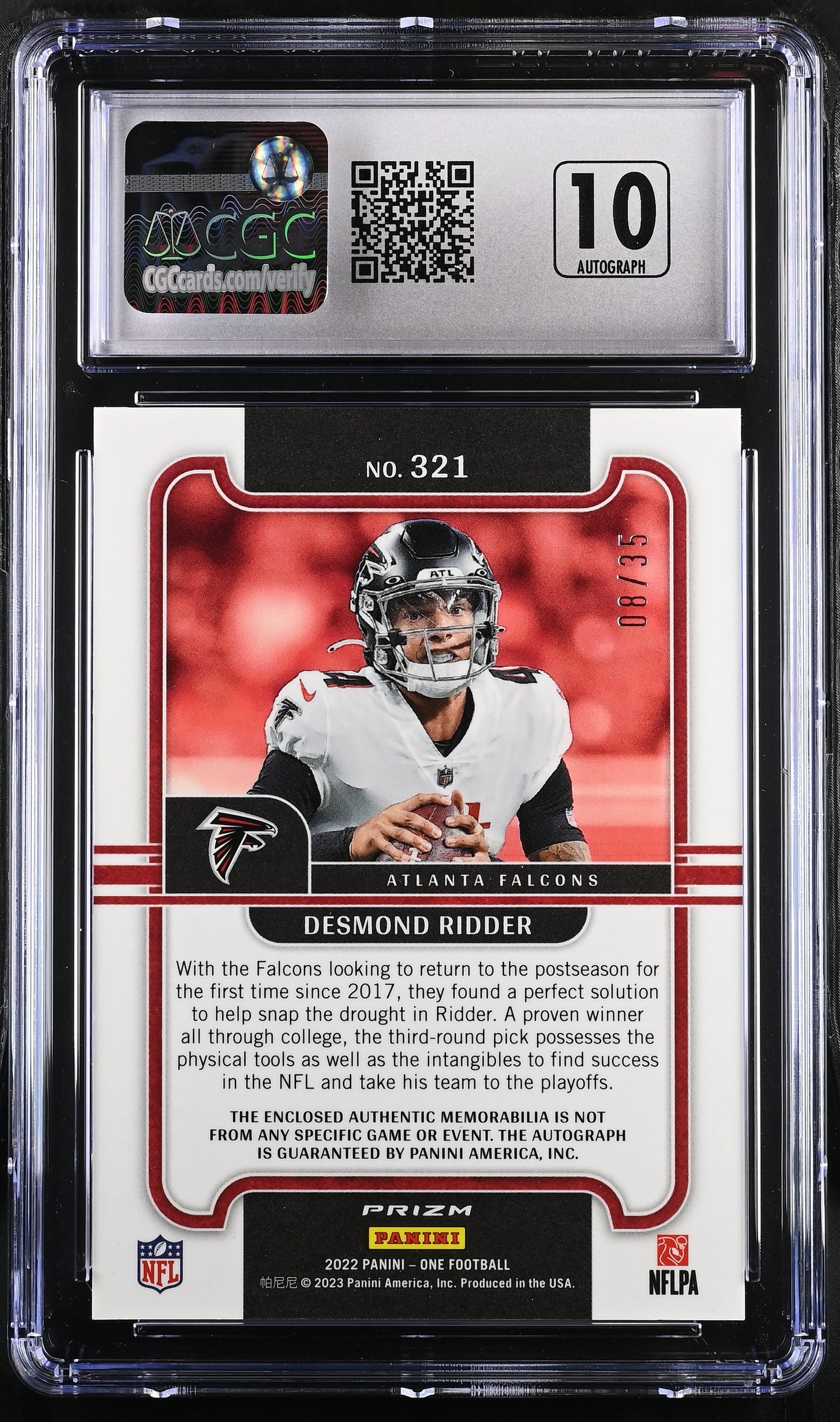 2022 One Desmond Ridder #321 Blue Precision Rookie Patch Autos CGC 9.5 POP 1
