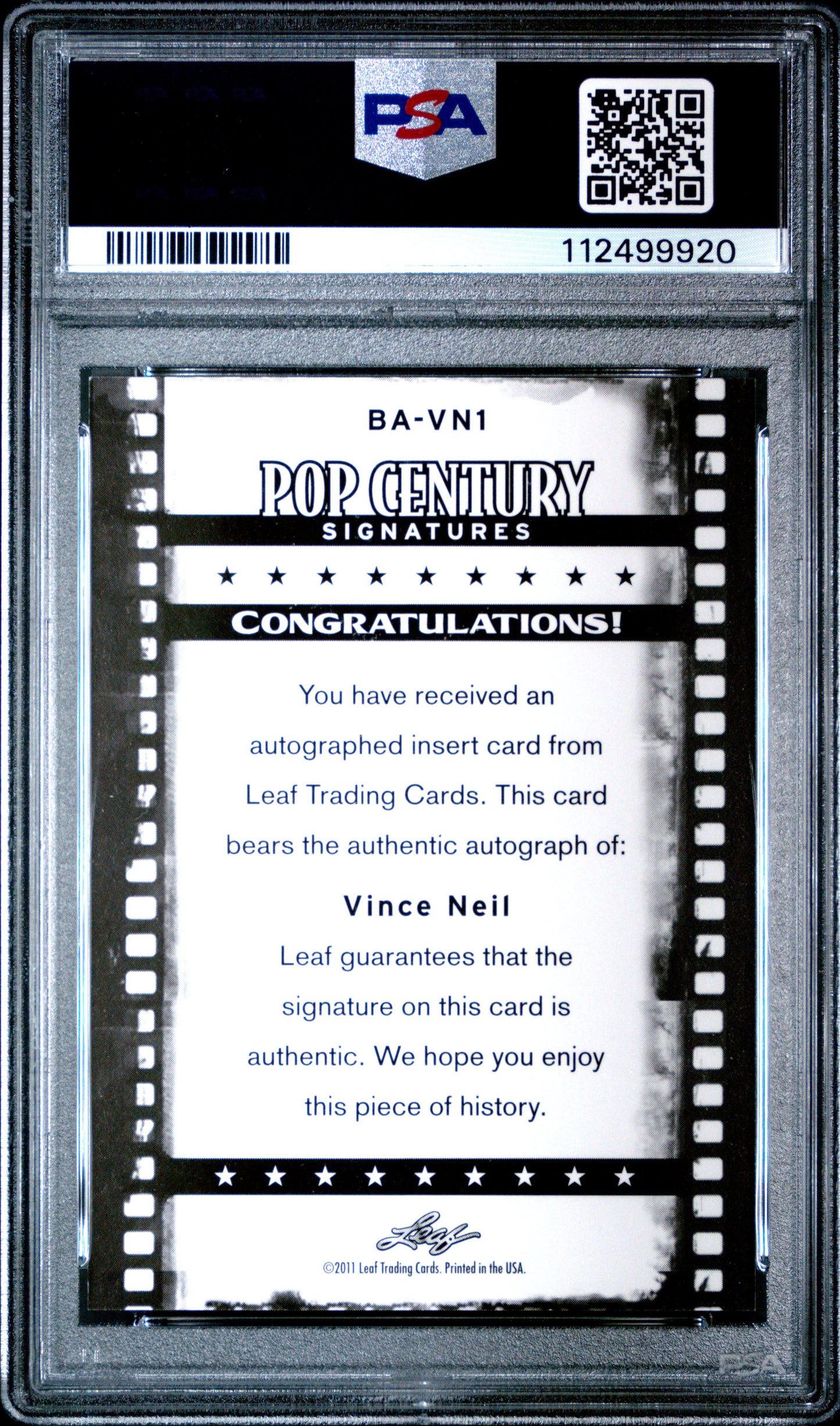 2011 Leaf Pop Century Signatures Vince Neil AUTO BAVN1 Silver #10/10 PSA 9 POP 1