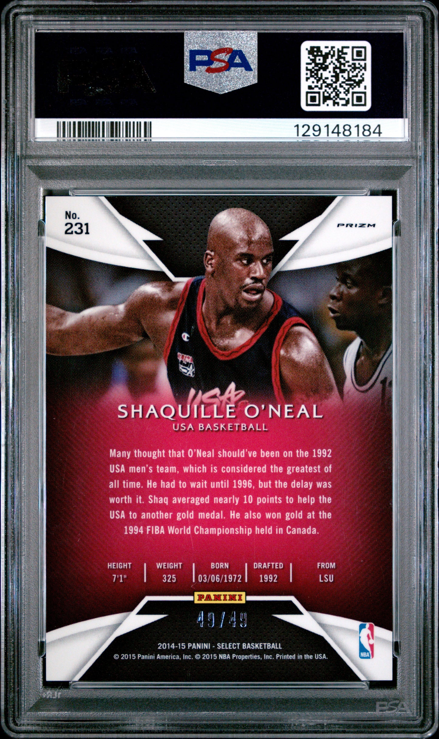2014-15 Panini Select Shaquille O'Neal #231 Copper Prizm PSA 10 pop 3 49/49
