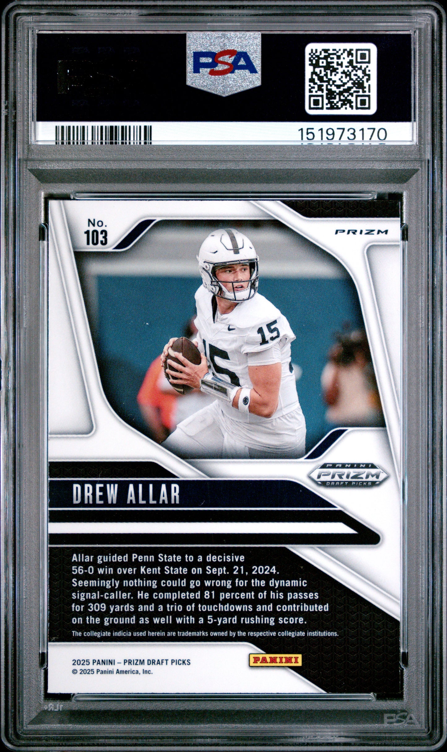 2025 Panini Prizm Draft Picks Drew Allar #103 Snakeskin PSA 10 POP 1 SP Steelers