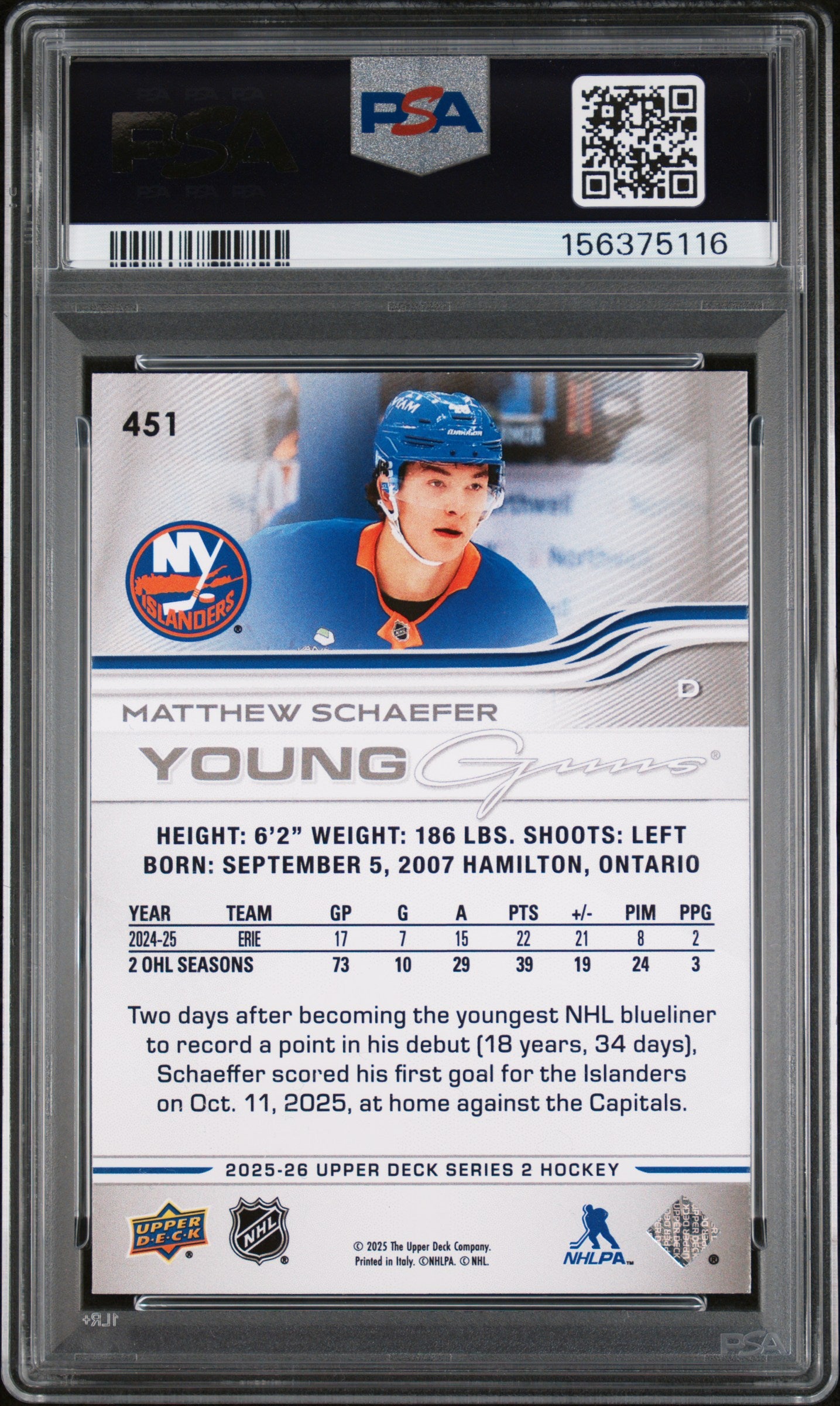 2025 Upper Deck Matthew Schaefer 451 YOUNG GUNS Exclusives #26/100 PSA 9 LOW POP