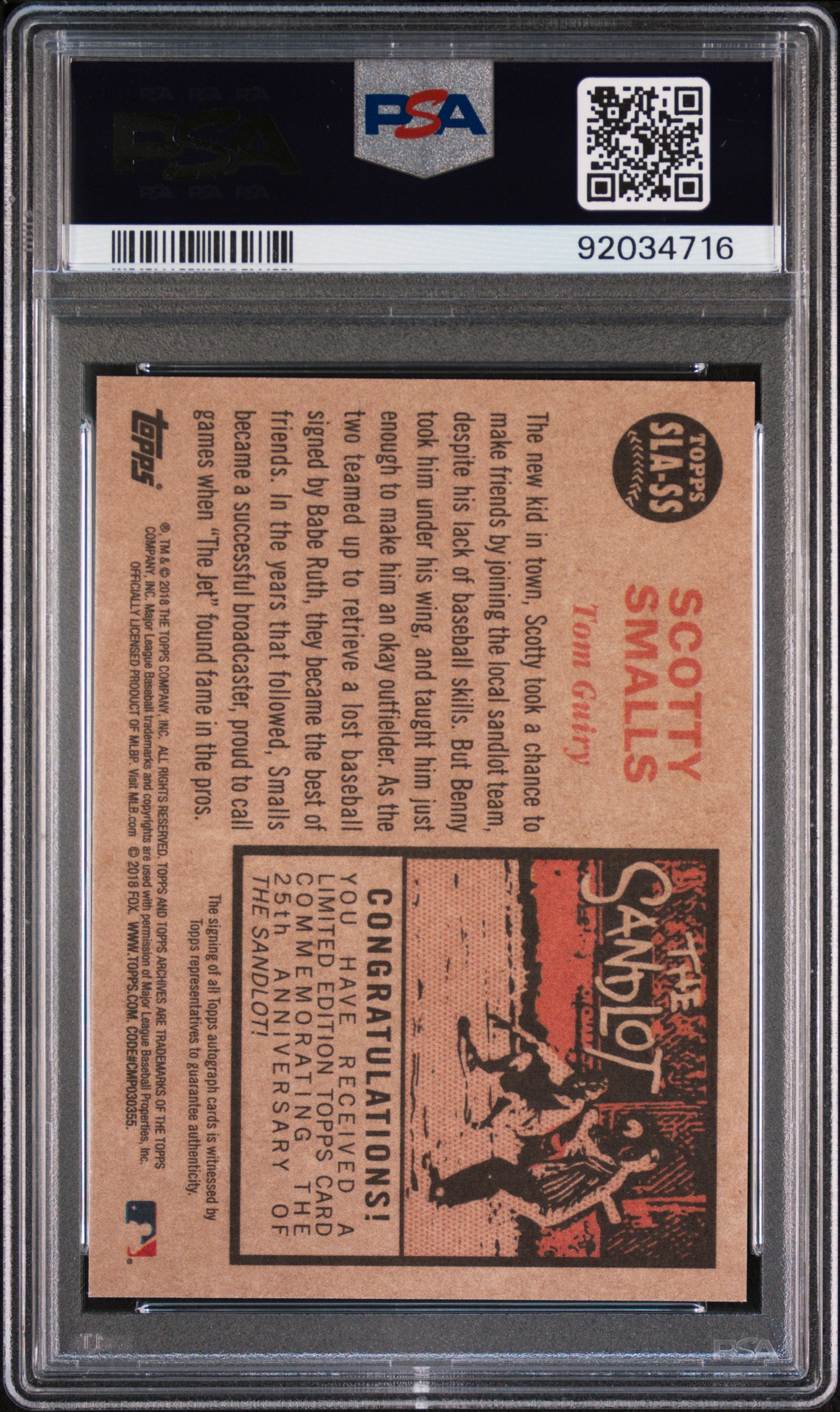 2018 Topps Archives The Sandlot Scotty Smalls #SS Autograph PSA 8