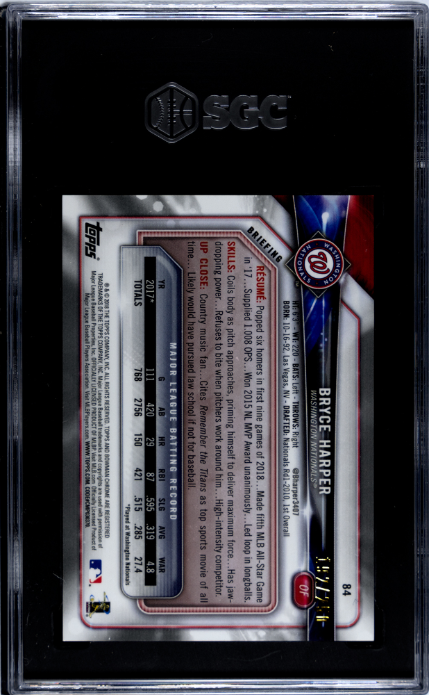 2018 Bowman Chrome Bryce Harper #84 Purple Refractor SGC 9.5 /250 POP 1
