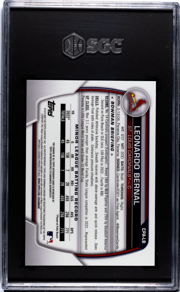 2023 Bowman Chrome Leonardo Bernal Pros. Auto Gold Shim. Refractor SGC 9.5 POP 1