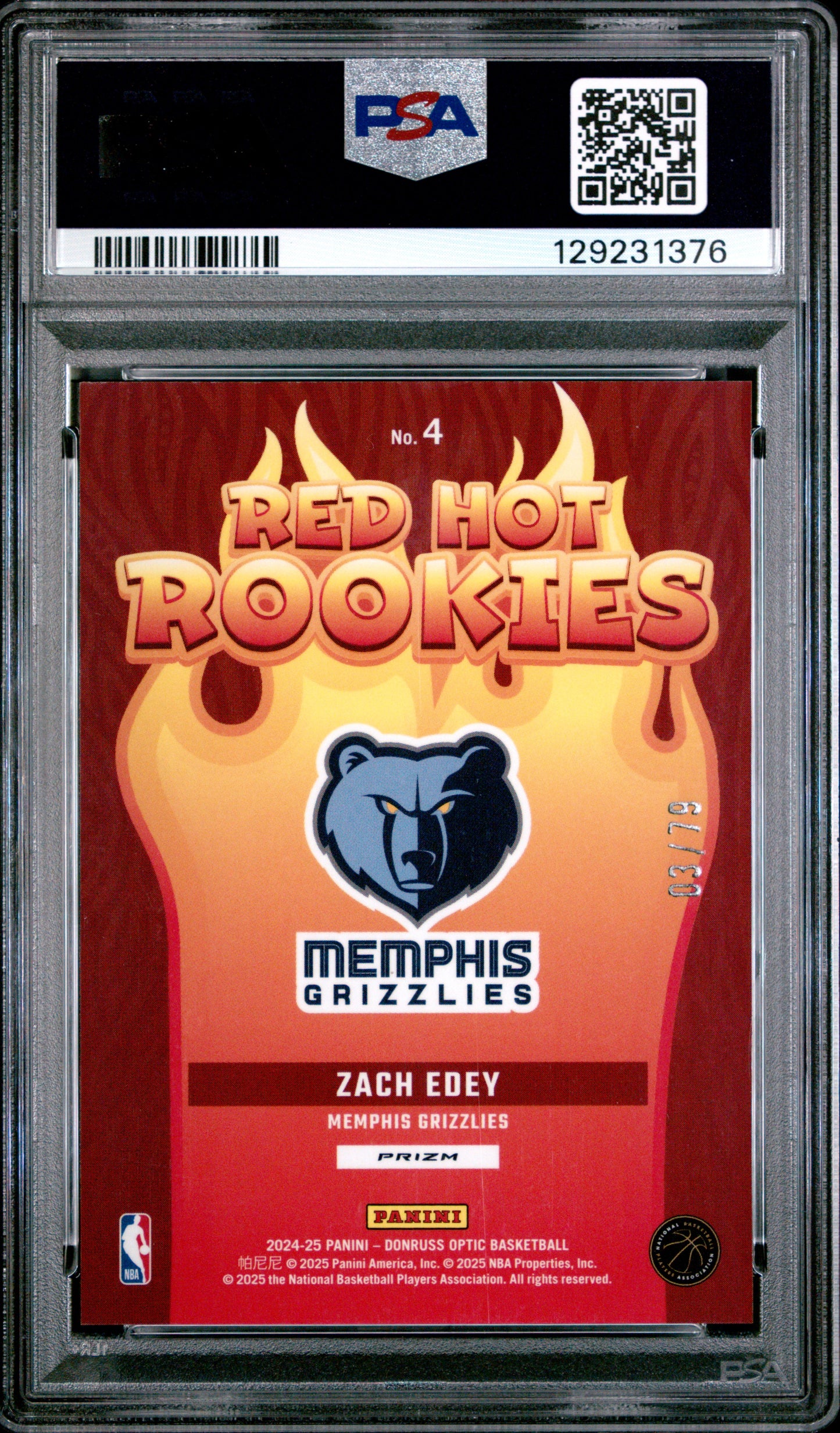 2024-25 Optic Red Hot Rookies Zach Edey RK Pink Velocity PSA 10 /79 POP 2
