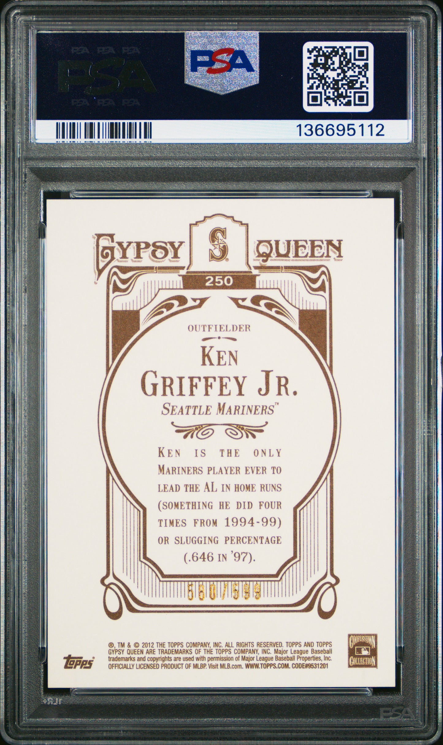 2012 Topps Gypsy Queen Ken Griffey JR. 250 Running Blue Frame #/599 PSA 10 POP 3
