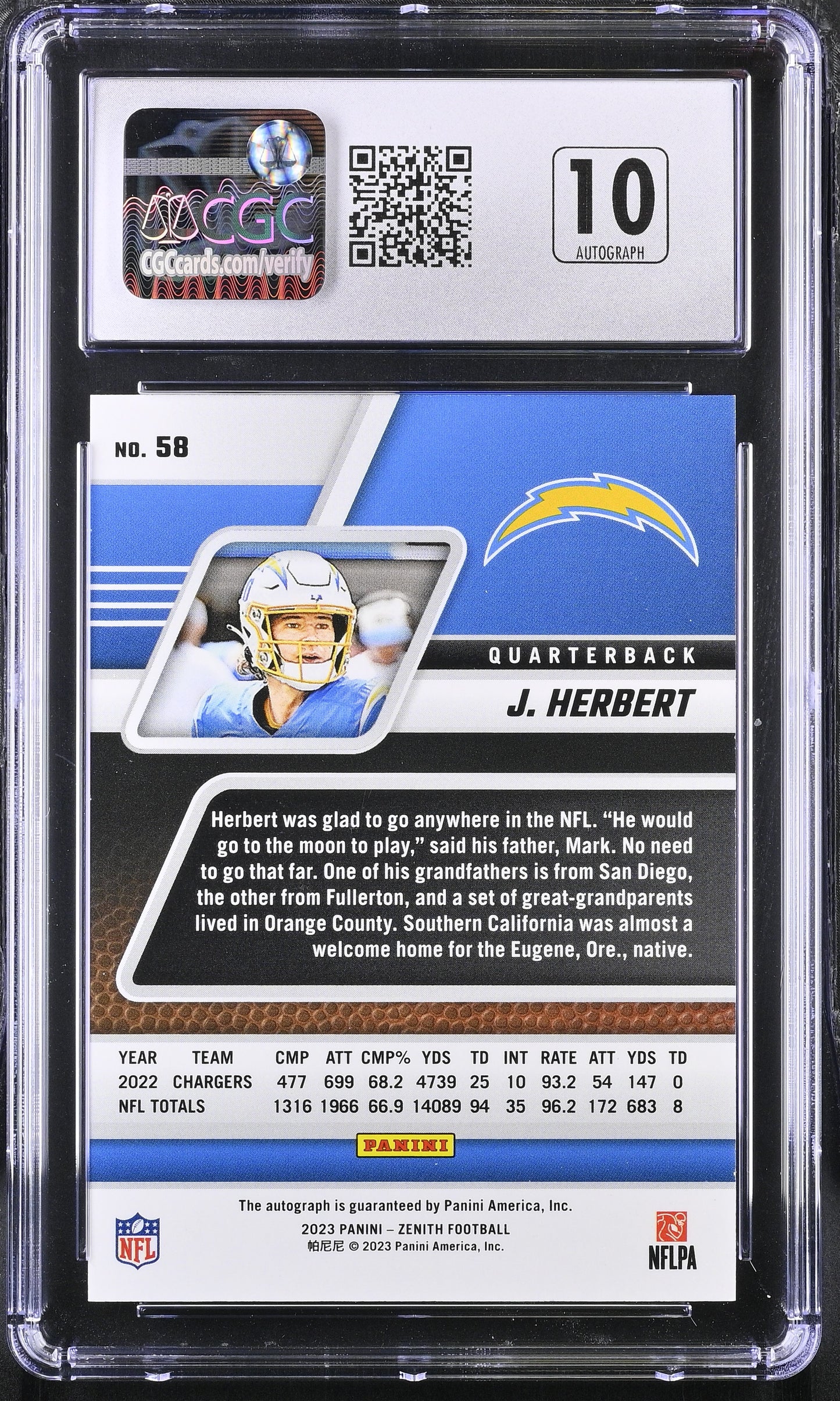 2023 Panini Zenith Justin Herbert #58 No Huddle Autographs CGC 9 POP 1