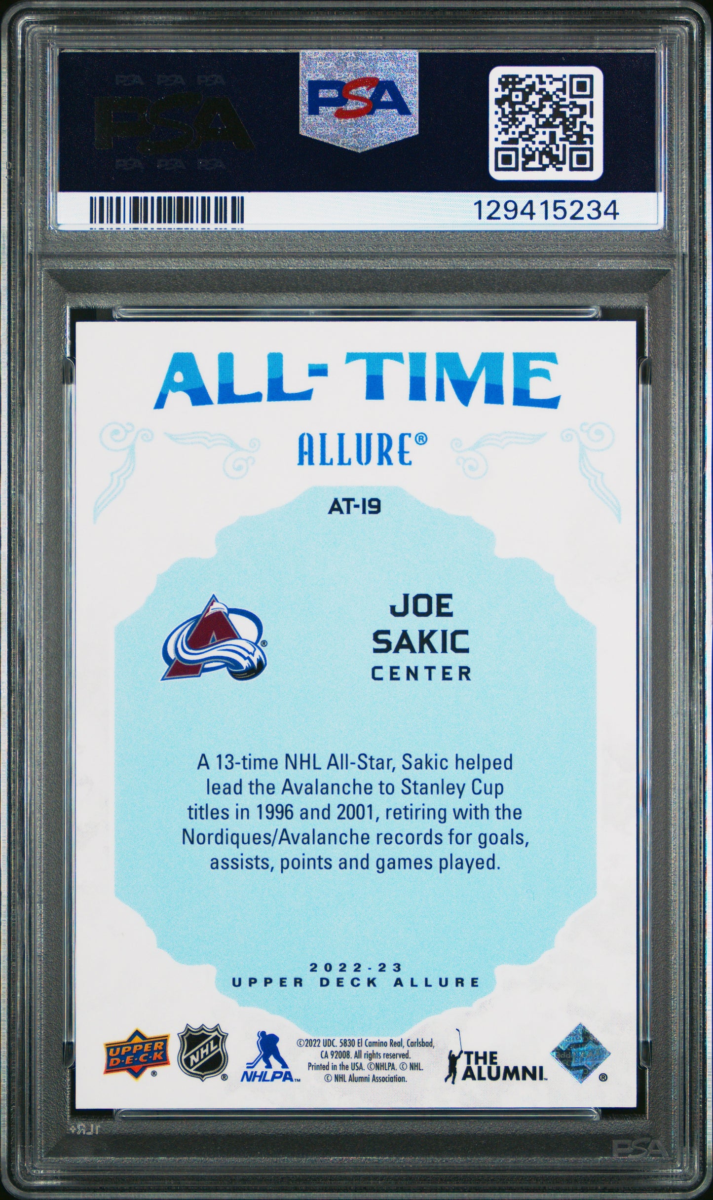 2022 Upper Deck Allure All-Time Allure Joe Sakic #AT19 PSA 9 pop 1