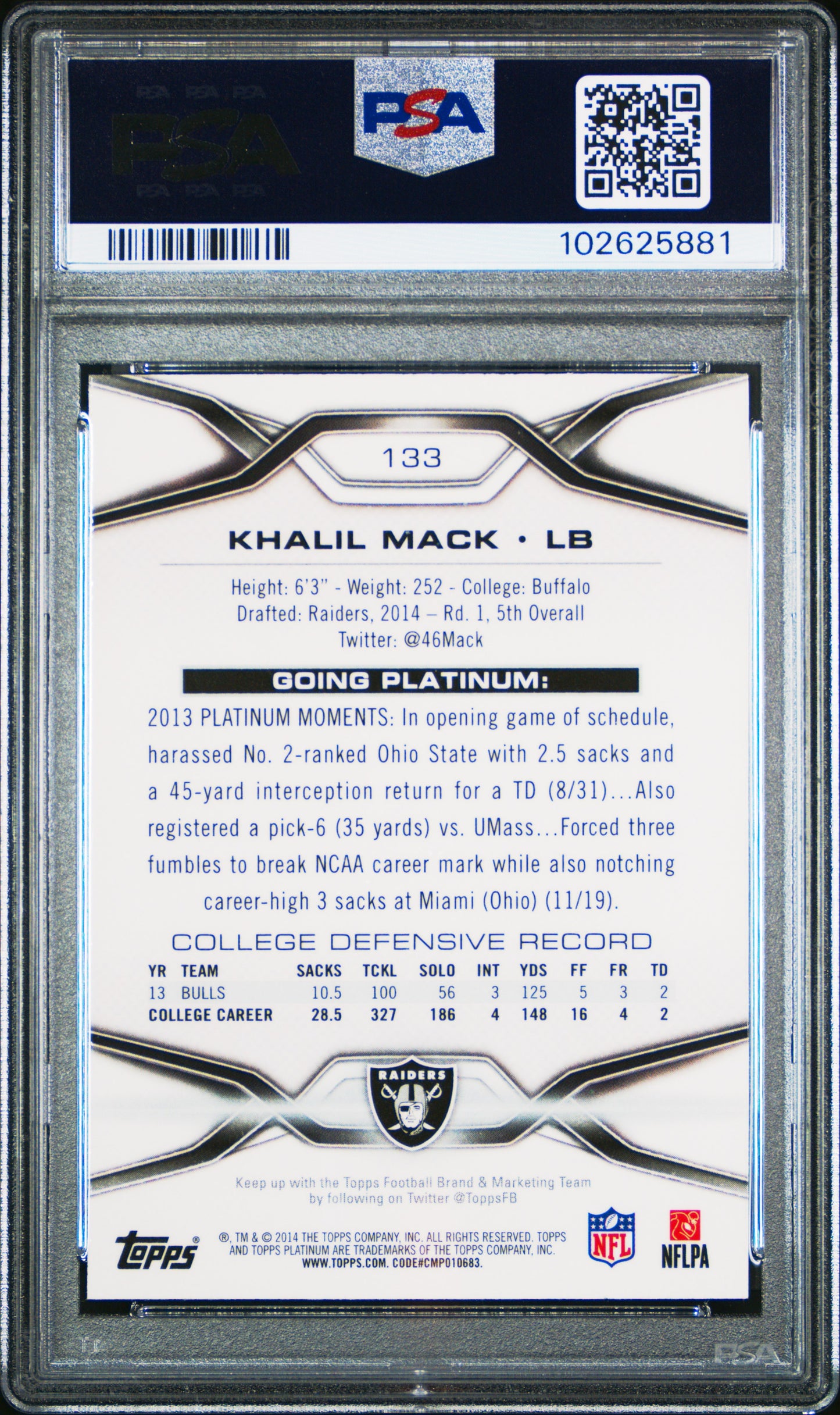2014 Topps Platinum Khalil Mack #133 Black Refractor PSA 10 Rookie