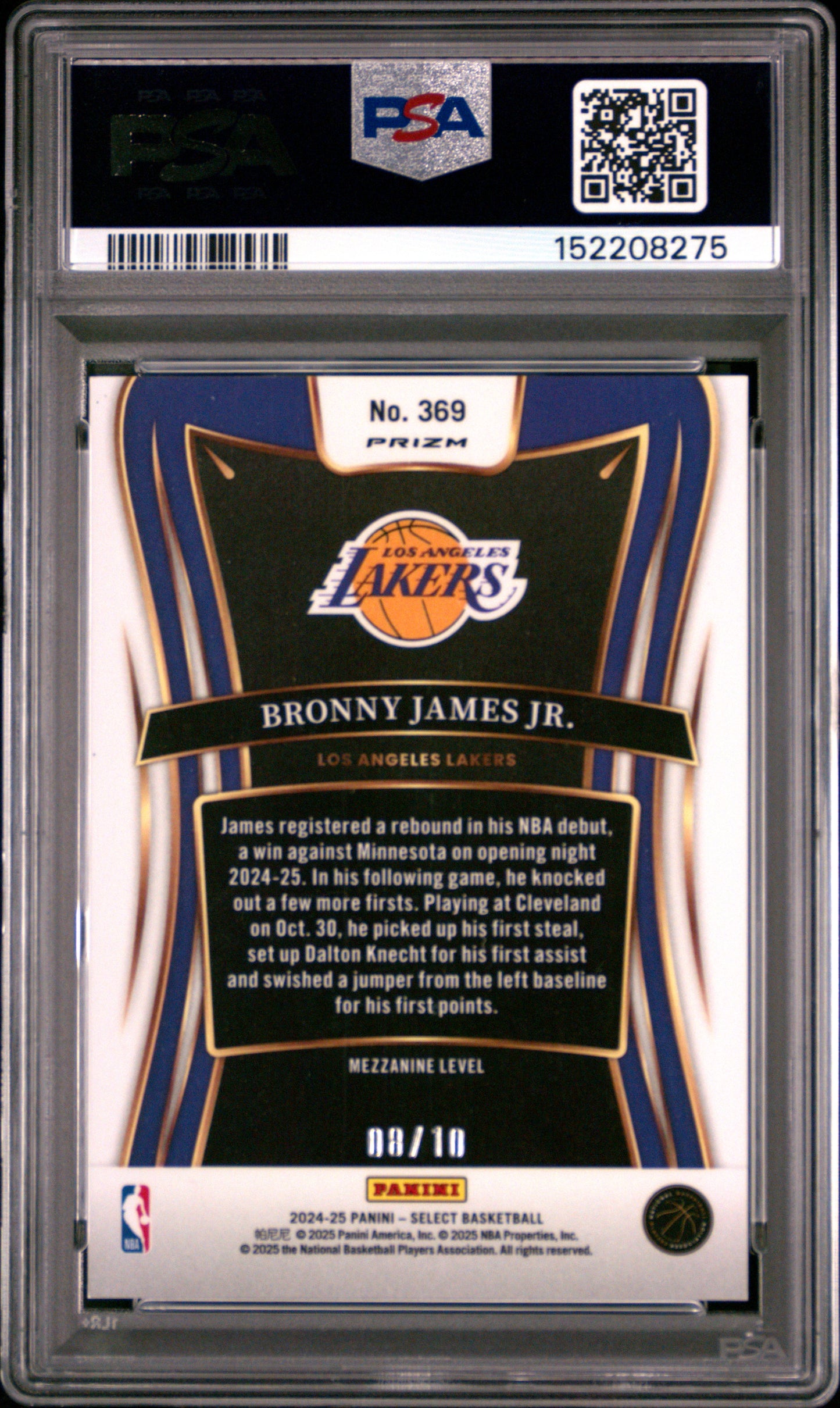 2024 Panini Select Bronny James JR. #369 Gold Tectonic #8/10 PSA 10 POP 1