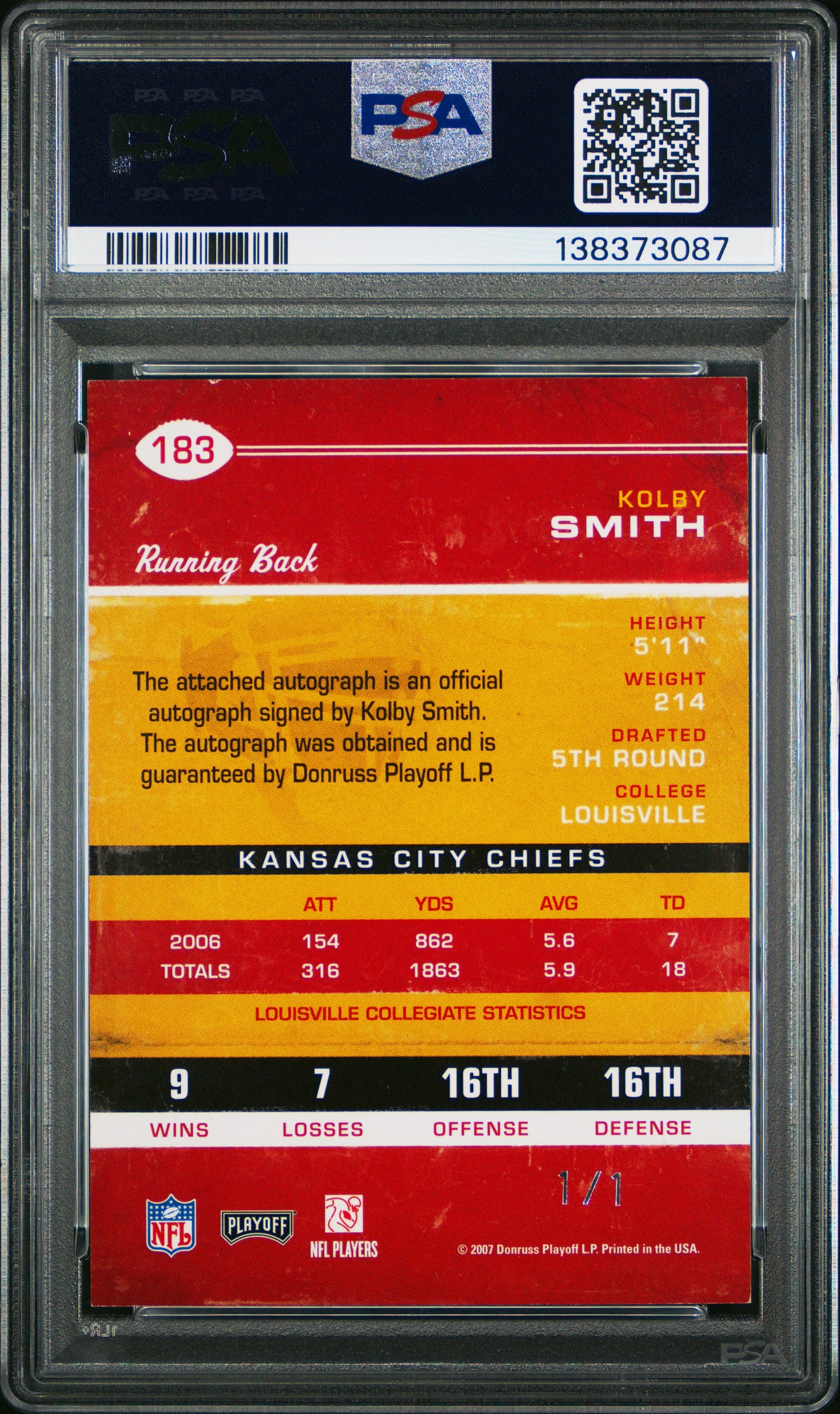 2007 Playoff Contenders Kolby Smith #183 Champ. Ticket AUTO 1/1 PSA 6