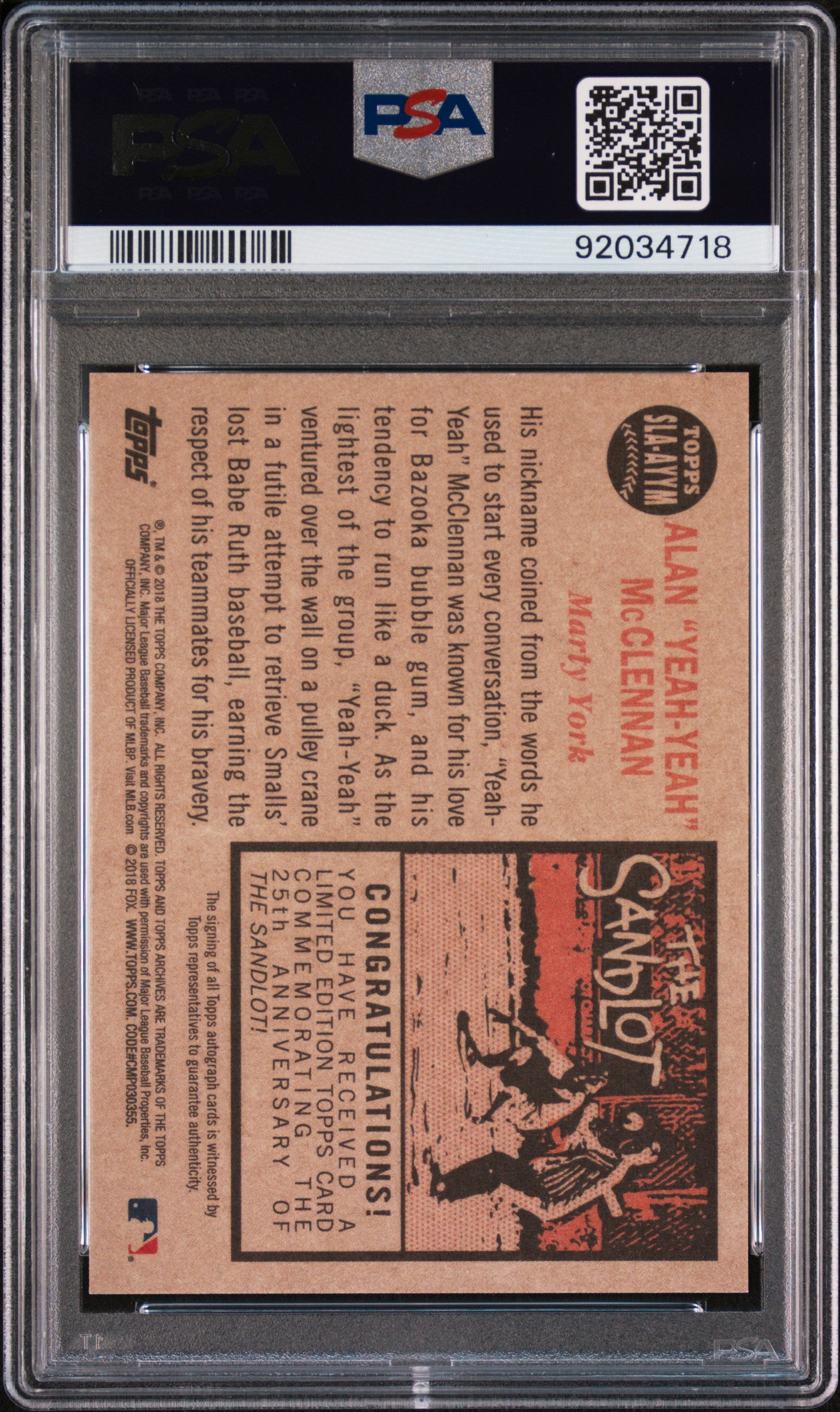 2018 Topps Archives The Sandlot Marty York #AYYM Autograph PSA 9