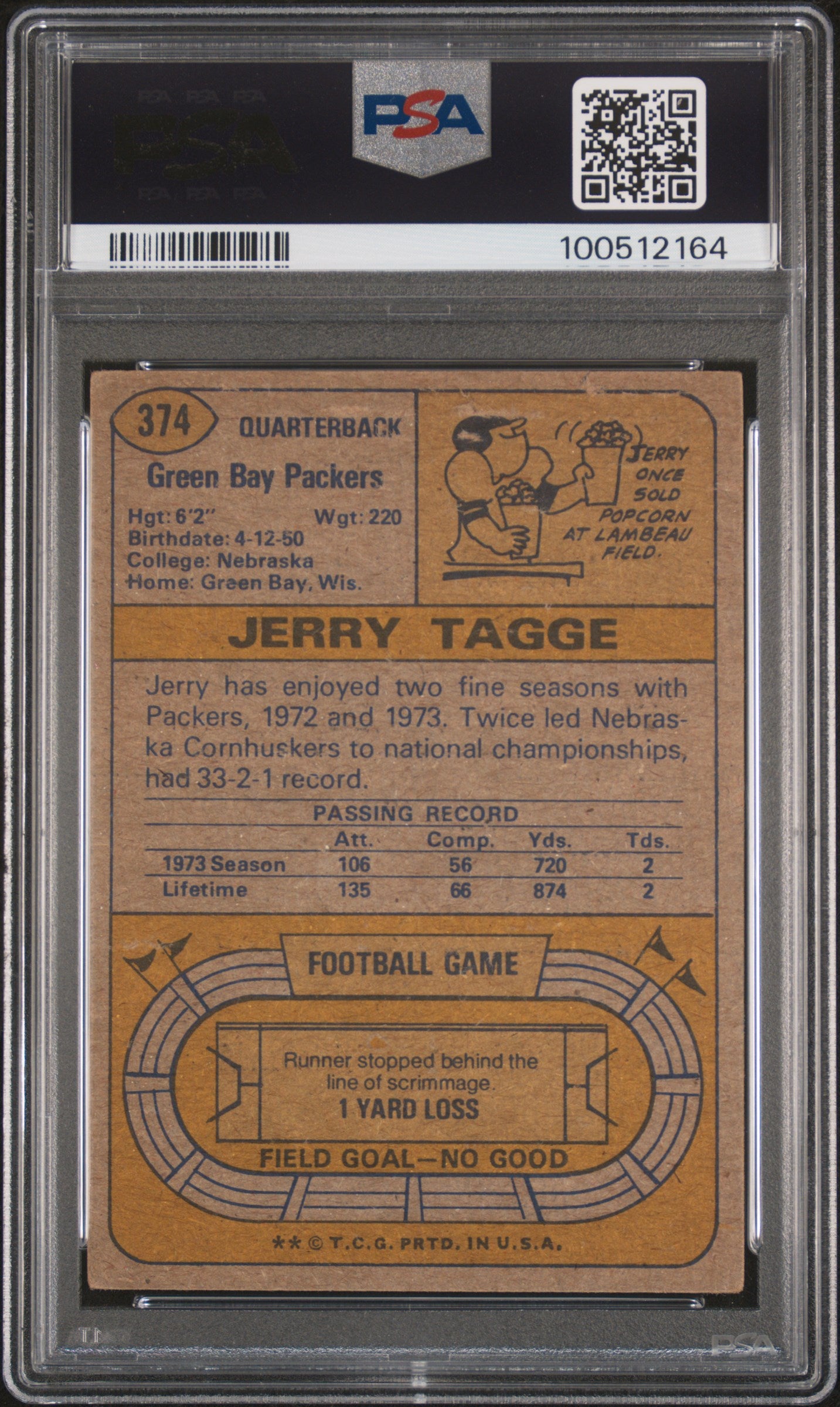 1974 Topps Jerry Tagge #374 Rookie PSA DNA Authentic SIGNED Autograph