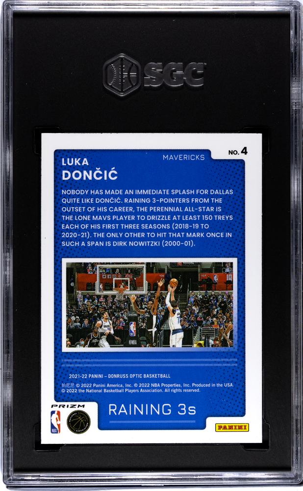 2021 Donruss Optic Luka Doncic #4 Raining 3'S Blue Pulsar Prizm SGC 10