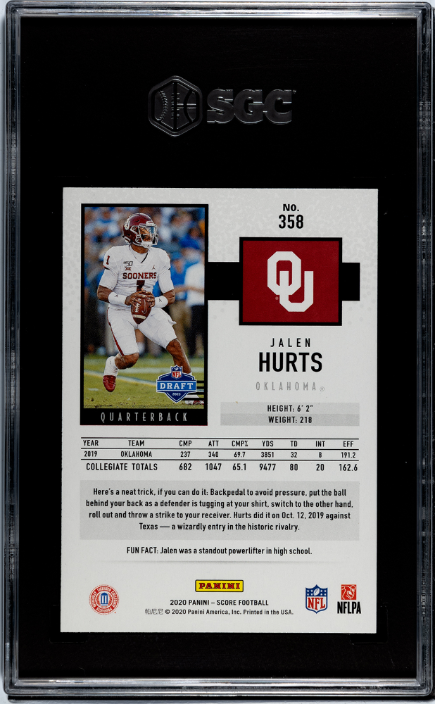 2020 Panini Score Jalen Hurts #358 Red SGC 10 POP 3