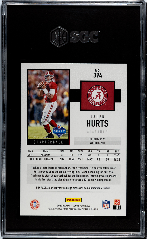 2020 Panini Score Jalen Hurts #394 Gold SGC 10