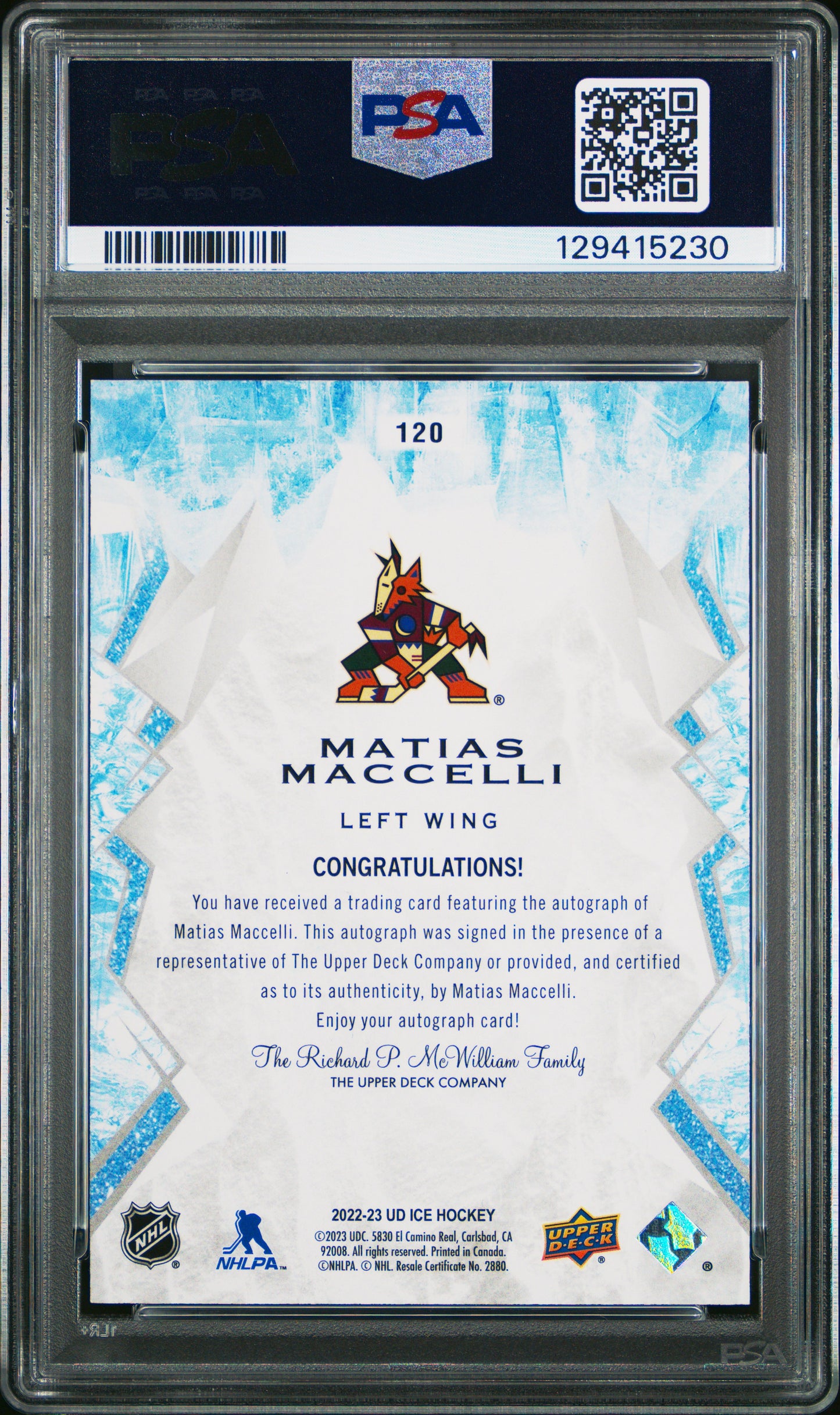 2022 Upper Deck Ice Matias Maccelli #120 Auto PSA 8 pop 1 1/5