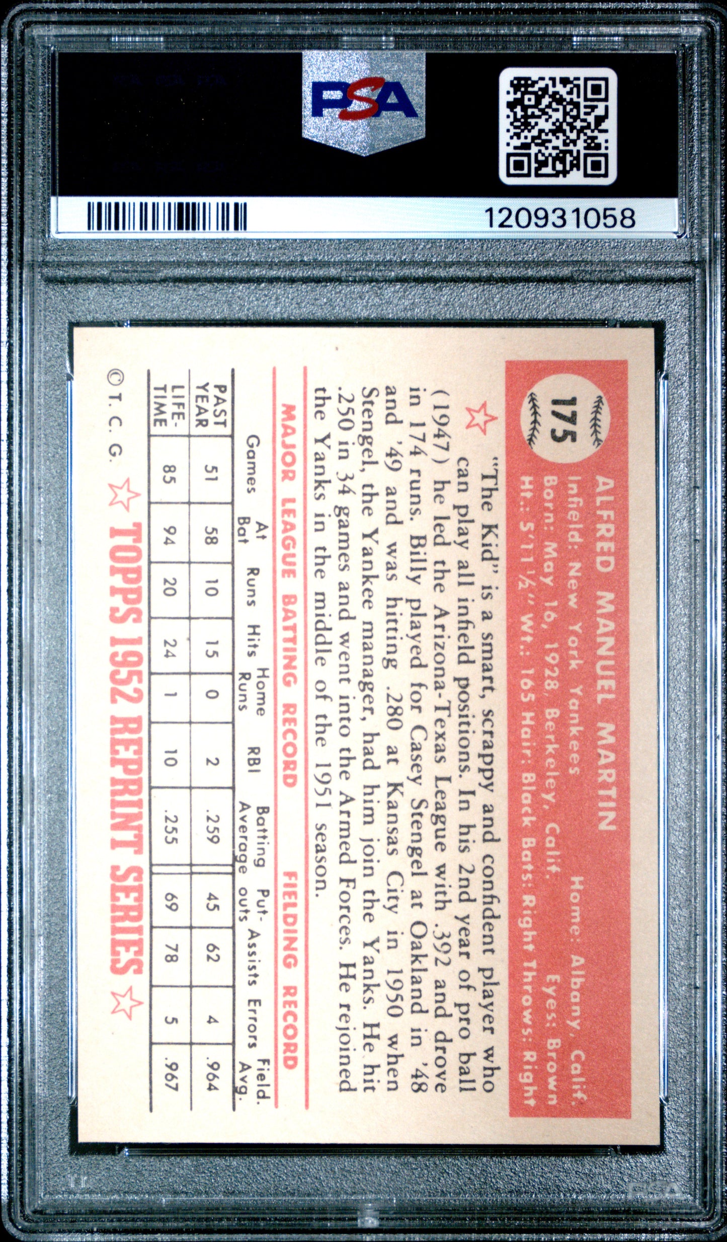 1983 Topps '52 Reprint Billy Martin #175 PSA 8