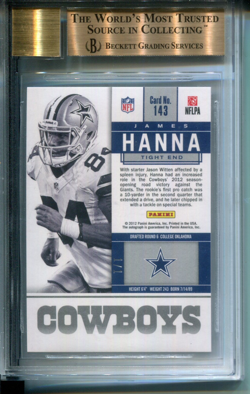 2012 Panini Contenders Championship Ticket #1/1 AUTO James Hanna Cowboys BGS 9.5
