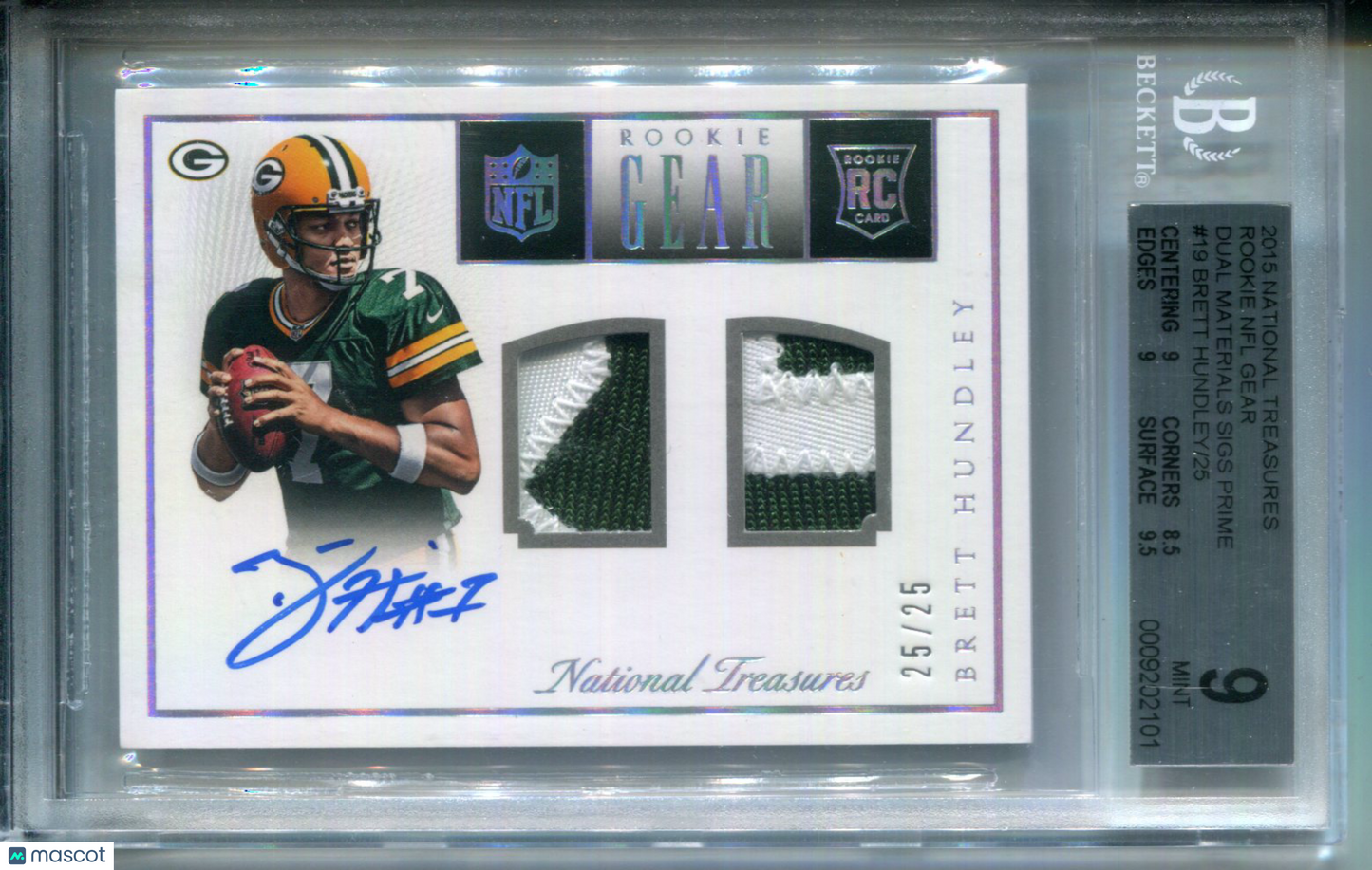 2015 National Treasures Rookie NFL Gear PATCH AUTO Brett Hundley #25/25 BGS 9