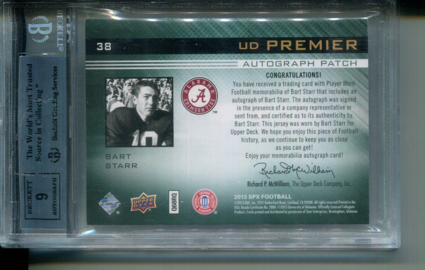 2013 SPx UD Premier Jersey AUTO Patch Jersey Alabama Bart Starr #3/3 BGS 9 POP 1