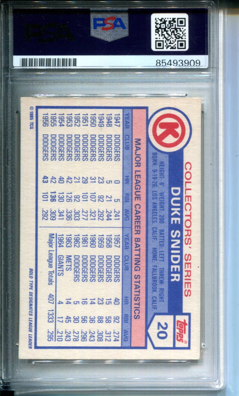 1985 Circle K #20 SIGNED Autograph AUTO Duke Snider PSA/DNA Authentic