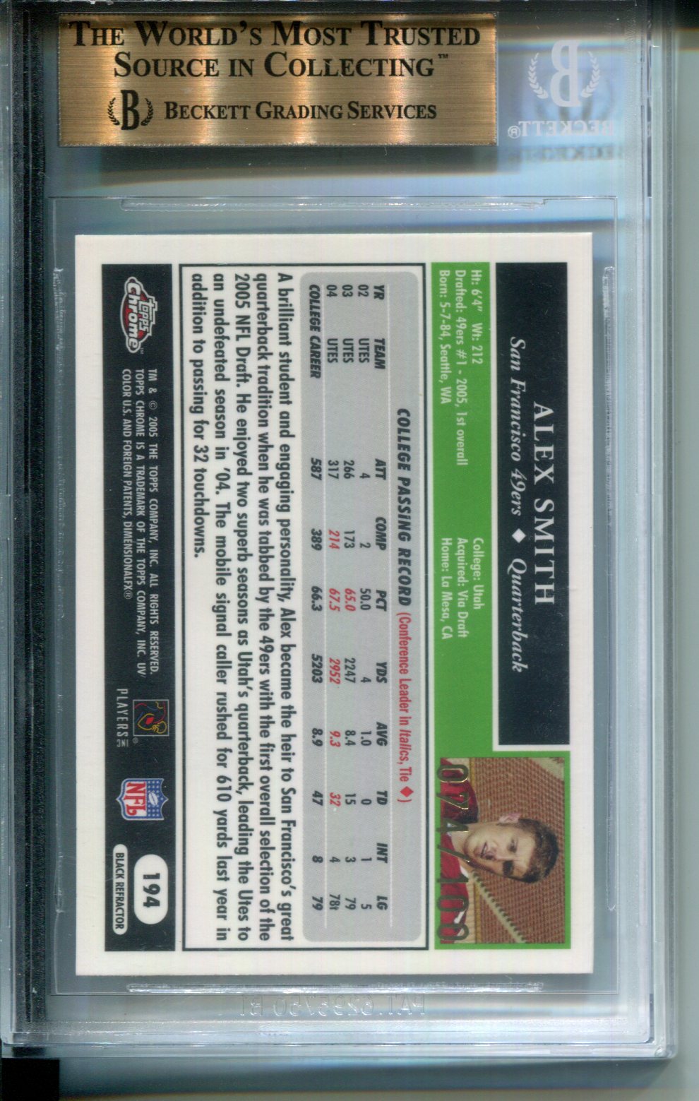 2005 Topps Chrome Black Refractors Alex Smith QB #194 BGS 9.5