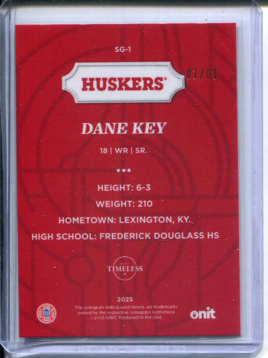 2025 Nebraska Football ONIT Timeless Dane Key #SG-1 Red #1/1