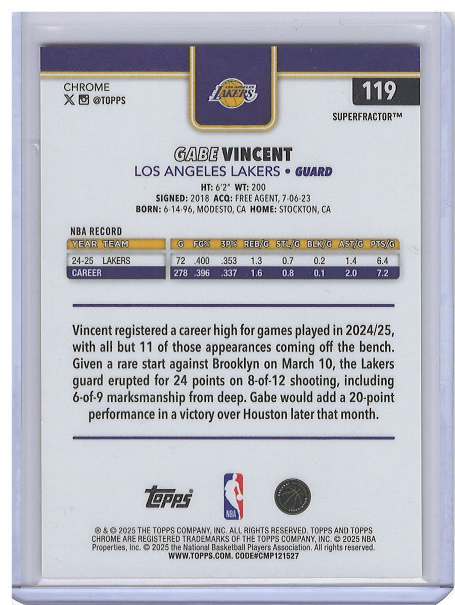 2025 Topps Chrome Gabe Vincent #119 Superfractor #1/1 Los Angeles Lakers