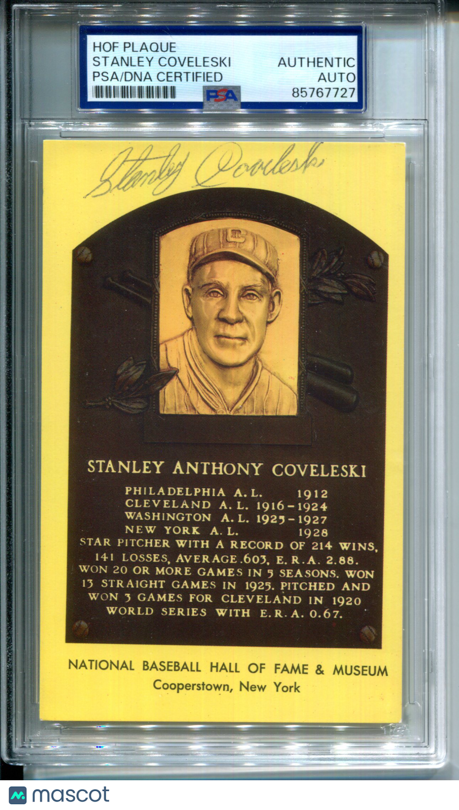 Stanley Coveleski HOF Baseball Hall of Fame Plaque Autograph AUTO Signed PSA