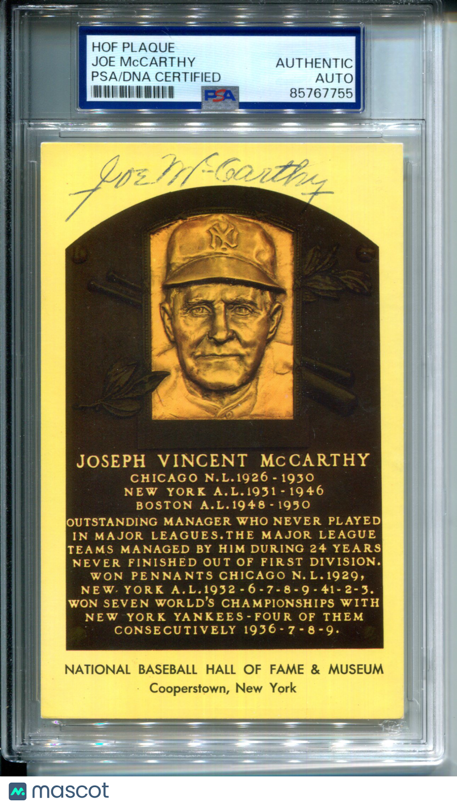 Joe McCarthy 1957 HOF National Baseball Hall of Fame Plaque AUTO Autograph PSA