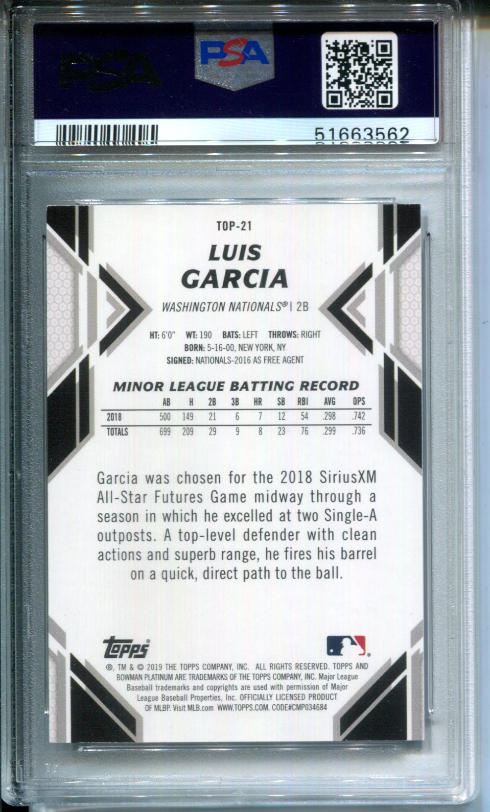 2019 Bowman Platinum Top Prospects Luis Garcia #TOP21 Blue #53/150 PSA 9