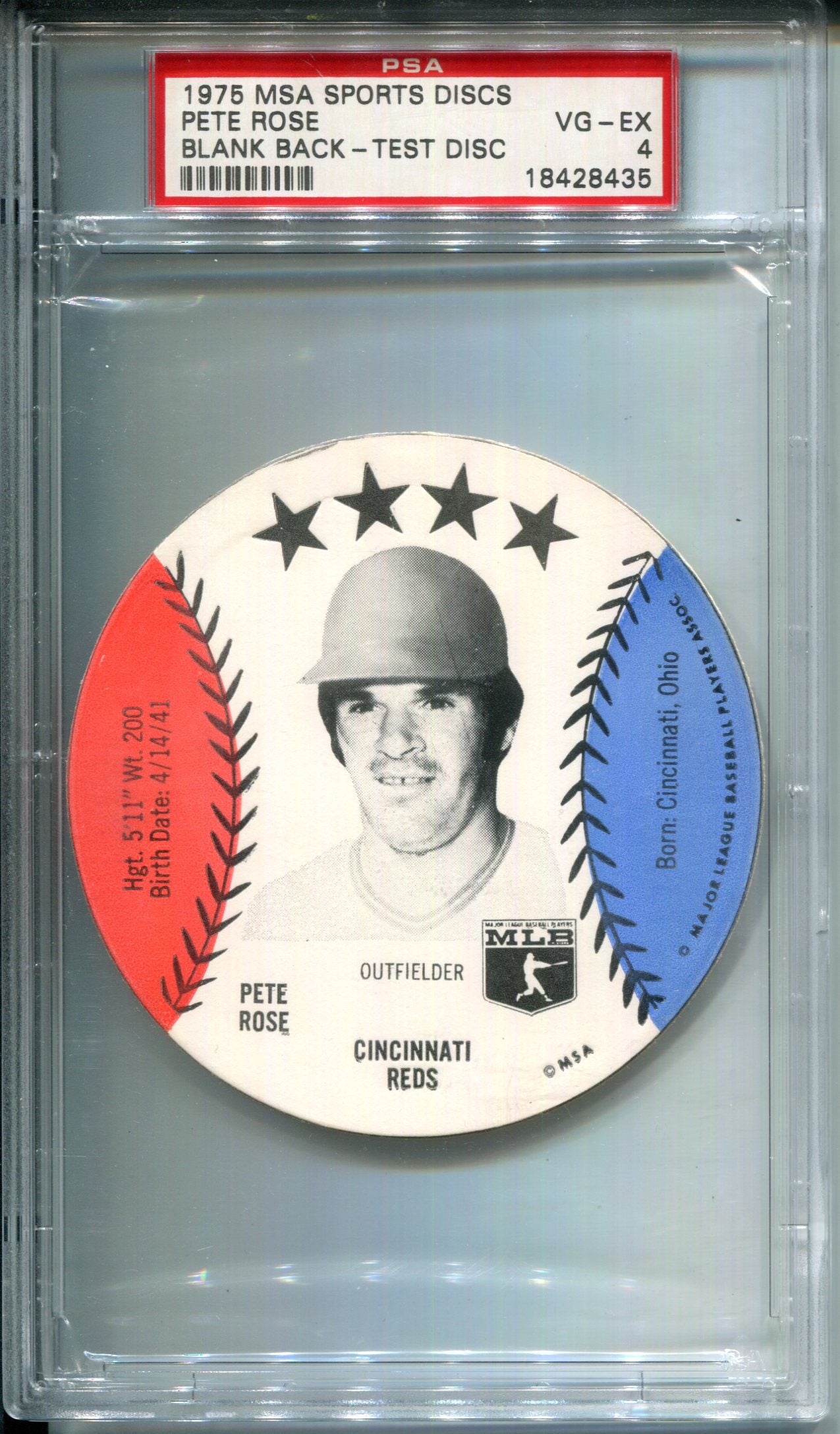 1975 Msa Customized Sports Discs Pete Rose Blank Back TEST Disc PSA 4