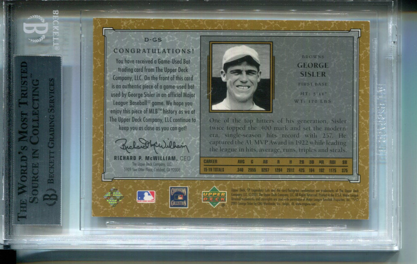 2001 SP Legendary Cuts Debut Game Bat George Sisler #DGS BGS 9