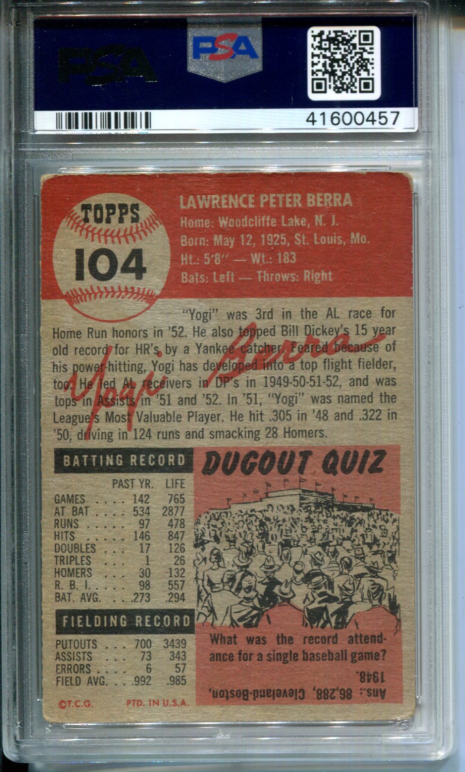 1953 Topps Yogi Berra #104 PSA 2