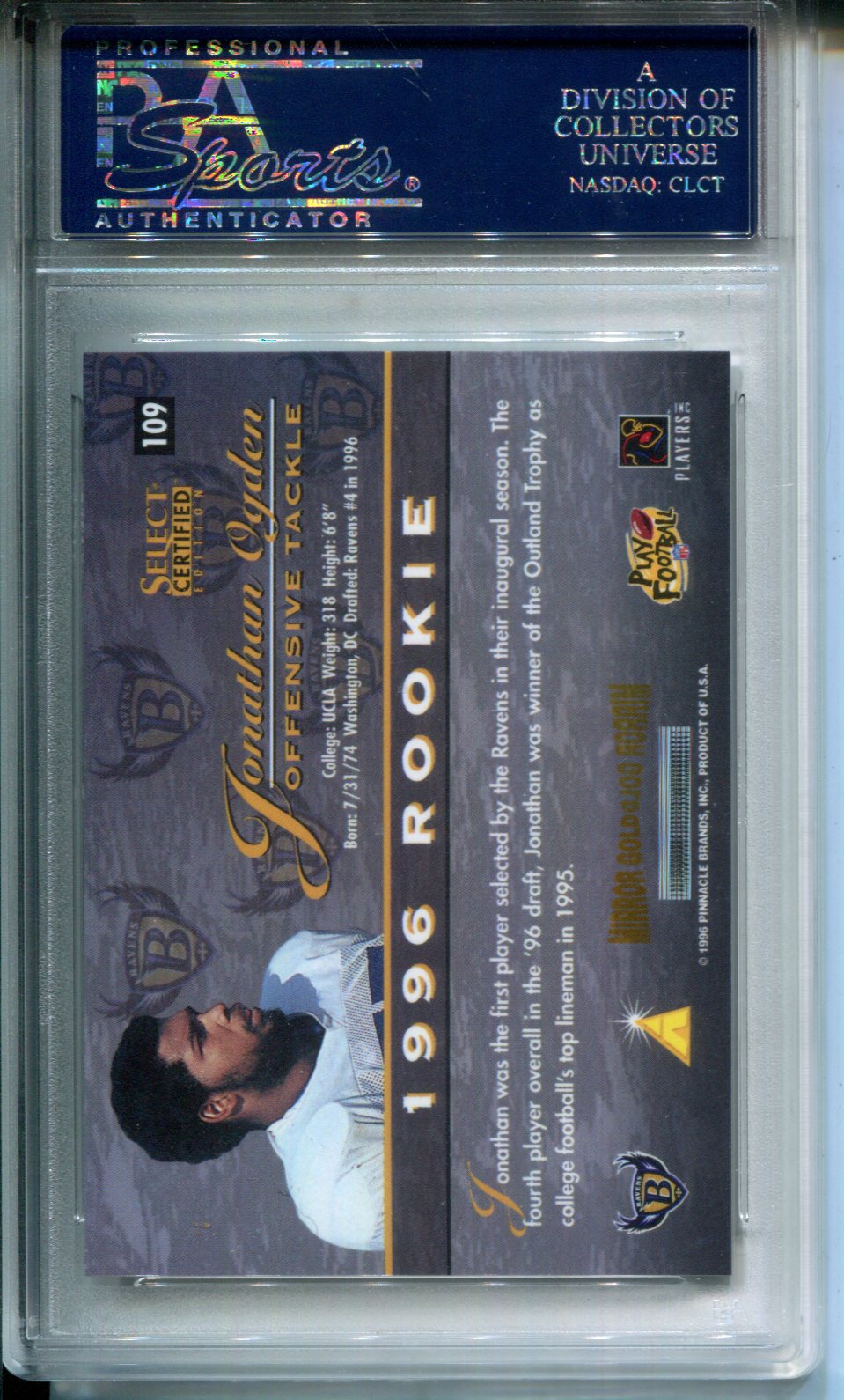 1996 Select Certified Jonathan Ogden #109 Mirror Gold Rookie PSA 9