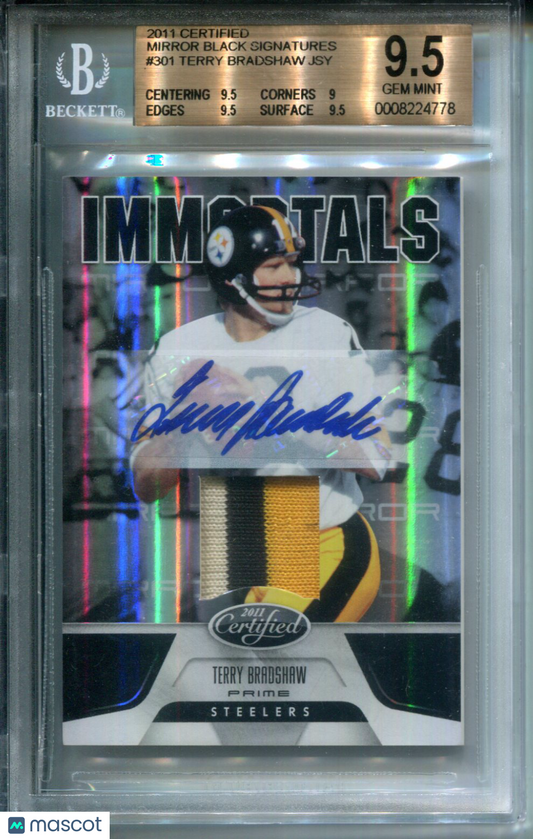 2011 Certified Mirror Black #1/1 Terry Bradshaw GAME WORN PATCH AUTO BGS 9.5