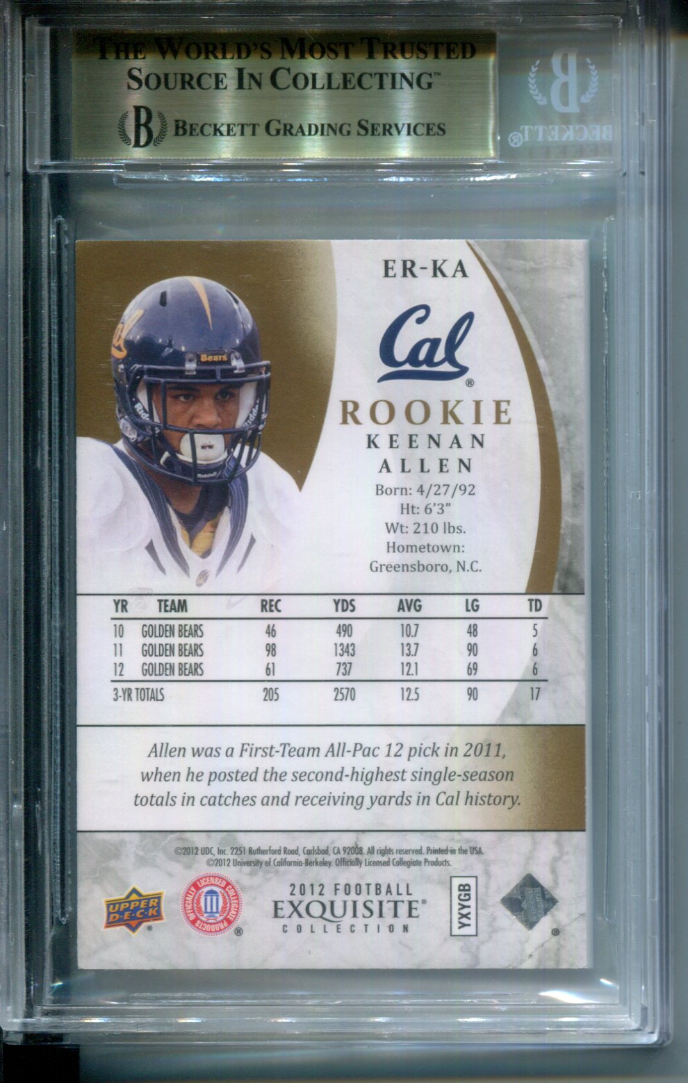 2012 Exquisite Collection Gold #3/10 Holofoil Keenan Allen Rookie BGS 9.5