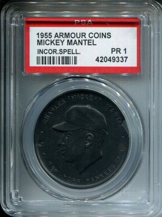 Mickey Mantle 1955 Armour Coins RARE BLACK COLOR w/Factory Error "Chip" PSA 1