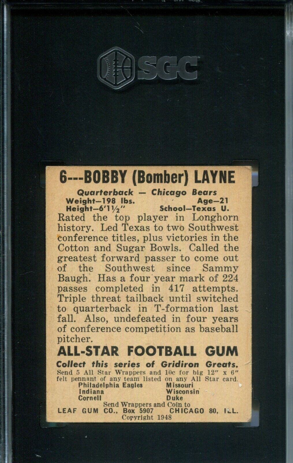 Bobby Layne 1948 Leaf Gum Co. #6 Rookie Error Bobbie Blonde Bomber