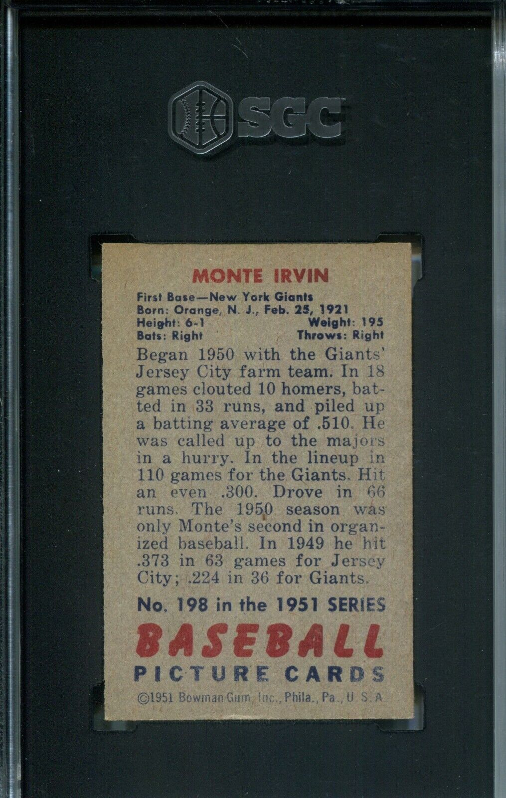 Monte Irvin 1951 Bowman #198 Rookie Card SGC 6.5