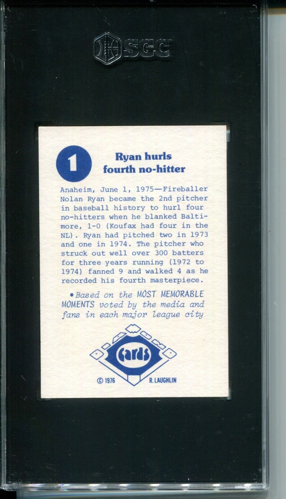 Nolan Ryan #1 1976 Laughlin Diamond Jubilee SGC 7